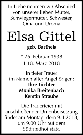 Traueranzeige von Elsa Gittel von Mitteldeutsche Zeitung Halle/Saalkreis