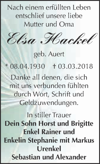 Traueranzeige von Elsa Hackel von WVG - Wochenspiegel NMB / WSF / ZTZ