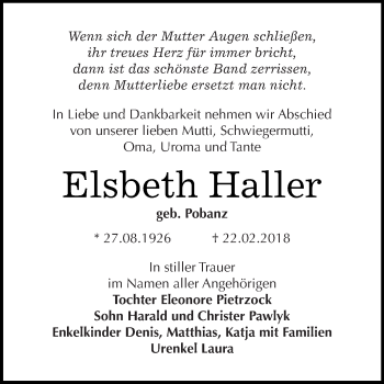 Traueranzeige von Elsbeth Haller von WVG - Wochenspiegel Dessau / Köthen
