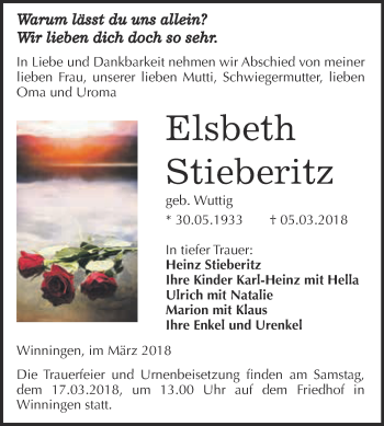 Traueranzeige von Elsbeth Stieberitz von Super Sonntag Aschersleben