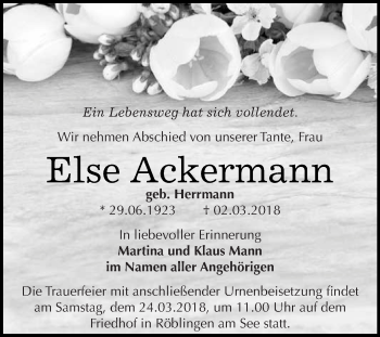 Traueranzeige von Else Ackermann von Super Sonntag SGH Mansf. Land