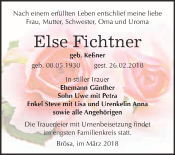 Traueranzeige von Else Fichtner von WVG - Wochenspiegel Bitterfeld