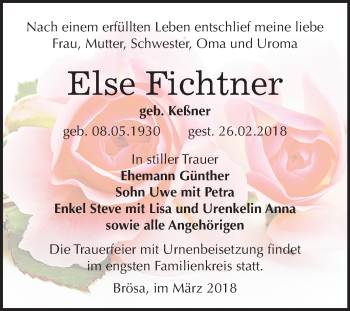 Traueranzeige von Else Fichtner von Mitteldeutsche Zeitung Bitterfeld