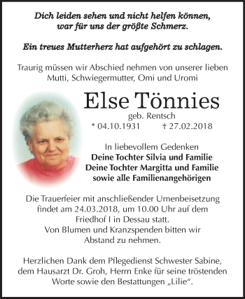 Traueranzeige von Else Tönnies von Mitteldeutsche Zeitung Dessau-Roßlau