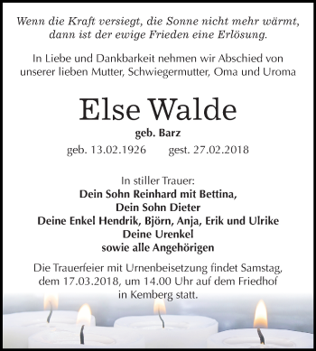Traueranzeige von Else Walde von Mitteldeutsche Zeitung