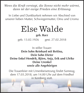 Traueranzeige von Else Walde von WVG - Wochenspiegel Bitterfeld