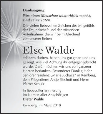 Traueranzeige von Else Walde von WVG - Wochenspiegel Bitterfeld