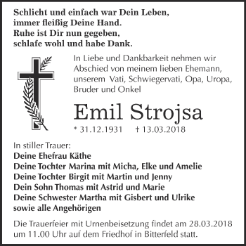 Traueranzeige von Emil Strojsa von WVG - Wochenspiegel Bitterfeld