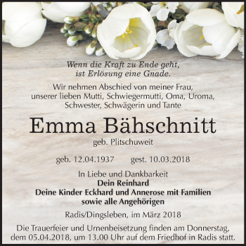Traueranzeige von Emma Bähschnitt von Mitteldeutsche Zeitung