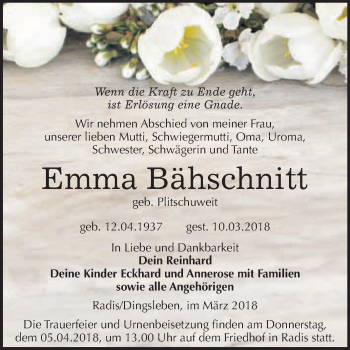 Traueranzeige von Emma Bähschnitt von WVG - Wochenspiegel Wittenberg