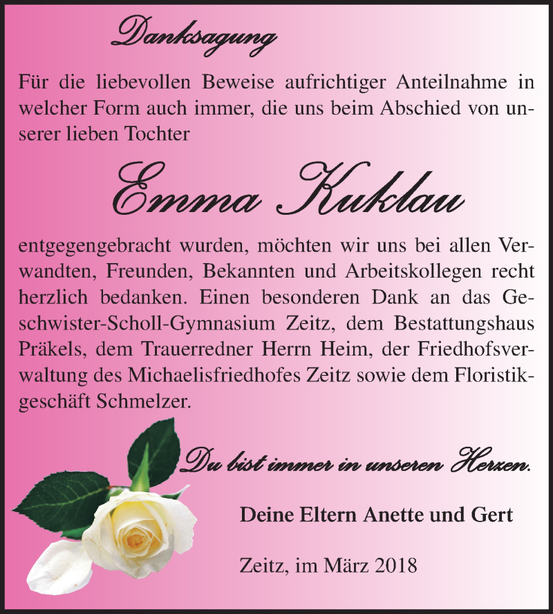  Traueranzeige für Emma Kuklau vom 03.03.2018 aus Mitteldeutsche Zeitung Zeitz