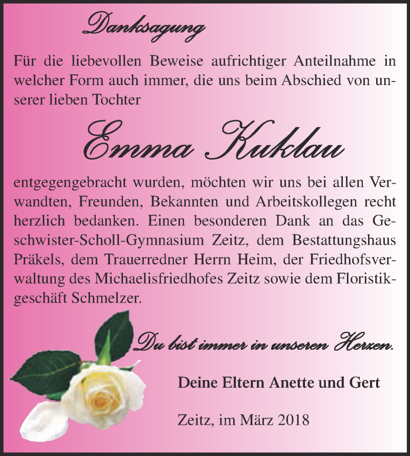  Traueranzeige für Emma Kuklau vom 03.03.2018 aus Super Sonntag Zeitz
