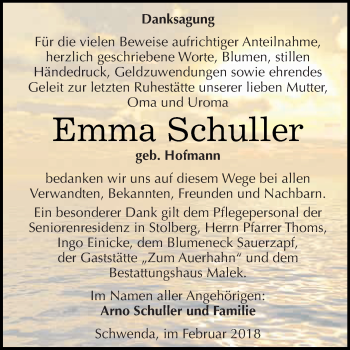 Traueranzeige von Emma Schuller von Super Sonntag SGH Mansf. Land