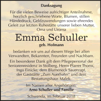 Traueranzeige von Emma Schuller von Mitteldeutsche Zeitung