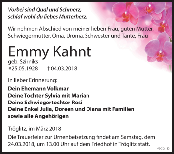 Traueranzeige von Emmy Kahnt von Mitteldeutsche Zeitung Zeitz