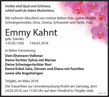 Traueranzeige von Emmy Kahnt von Super Sonntag Zeitz