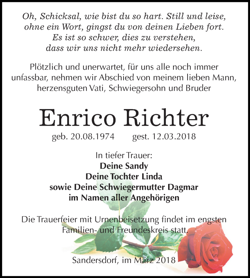  Traueranzeige für Enrico Richter vom 24.03.2018 aus Mitteldeutsche Zeitung Bitterfeld