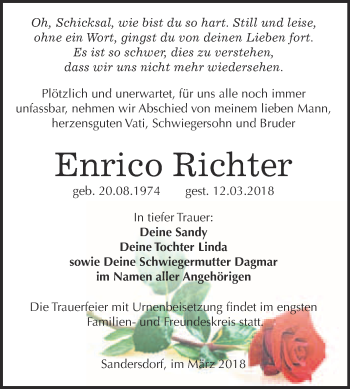 Traueranzeige von Enrico Richter von WVG - Wochenspiegel Bitterfeld