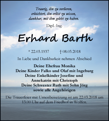 Traueranzeige von Erhard Barth von Mitteldeutsche Zeitung Bitterfeld
