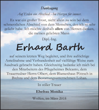 Traueranzeige von Erhard Barth von WVG - Wochenspiegel Bitterfeld