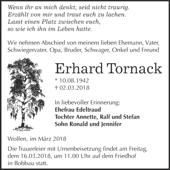 Traueranzeige von Erhard Tornack von WVG - Wochenspiegel Bitterfeld