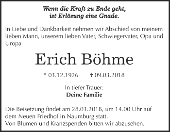 Traueranzeige von Erich Böhme von WVG - Wochenspiegel NMB / WSF / ZTZ