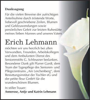 Traueranzeige von Erich Lehmann von Super Sonntag Wittenberg
