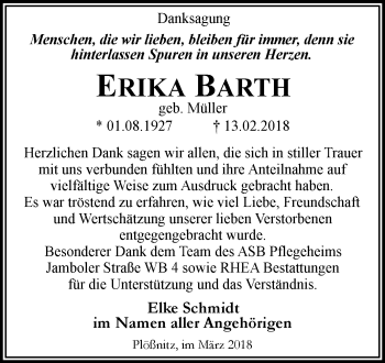 Traueranzeige von Erika Barth von Mitteldeutsche Zeitung Halle/Saalkreis