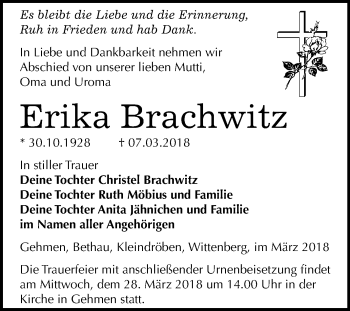 Traueranzeige von Erika Brachwitz von Mitteldeutsche Zeitung