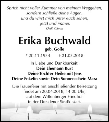 Traueranzeige von Erika Buchwald von Mitteldeutsche Zeitung