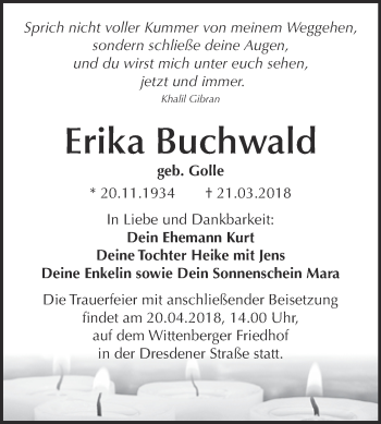 Traueranzeige von Erika Buchwald von Super Sonntag Wittenberg