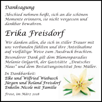 Traueranzeige von Erika Freisdorf von Super Sonntag Aschersleben
