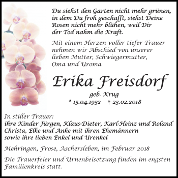 Traueranzeige von Erika Freisdorf von Mitteldeutsche Zeitung Aschersleben