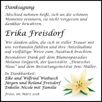 Traueranzeige von Erika Freisdorf von Mitteldeutsche Zeitung Aschersleben
