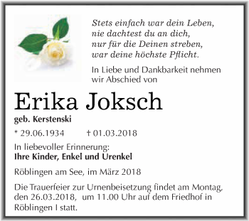 Traueranzeige von Erika Joksch von Super Sonntag SGH Mansf. Land
