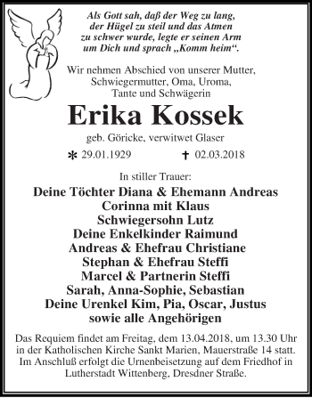 Traueranzeige von Erika Kossek von WVG - Wochenspiegel Dessau / Köthen