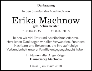 Traueranzeige von Erika Machnow von WVG - Wochenspiegel Dessau / Köthen