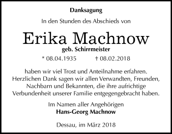 Traueranzeige von Erika Machnow von Mitteldeutsche Zeitung Dessau-Roßlau