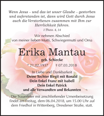 Traueranzeige von Erika Mantau von Mitteldeutsche Zeitung