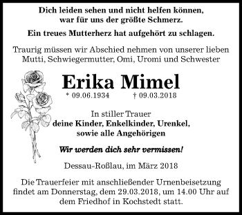 Traueranzeige von Erika Mimel von Mitteldeutsche Zeitung Dessau-Roßlau