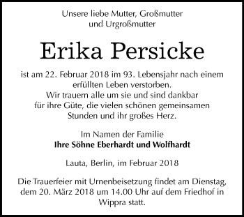 Traueranzeige von Erika Persicke von Mitteldeutsche Zeitung Sangerhausen