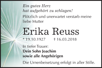 Traueranzeige von Erika Reuss von Mitteldeutsche Zeitung Bitterfeld