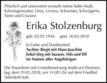 Traueranzeige von Erika Stolzenburg von Mitteldeutsche Zeitung Bernburg