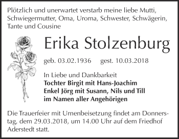 Traueranzeige von Erika Stolzenburg von Super Sonntag Bernburg