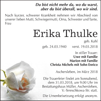 Traueranzeige von Erika Thulke von Mitteldeutsche Zeitung Aschersleben