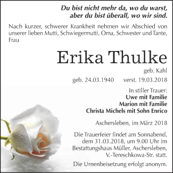 Traueranzeige von Erika Thulke von Super Sonntag Aschersleben