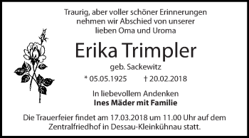 Traueranzeige von Erika Trimpler von WVG - Wochenspiegel Dessau / Köthen