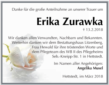 Traueranzeige von Erika Zurawka von Super Sonntag SGH Mansf. Land