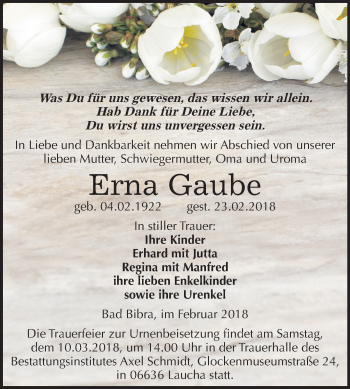 Traueranzeige von Erna Gaube von Mitteldeutsche Zeitung