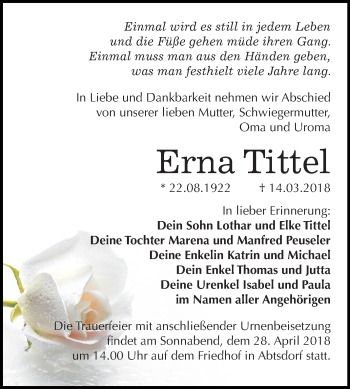 Traueranzeige von Erna Tittel von Mitteldeutsche Zeitung